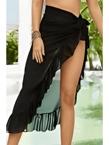 Morliva Özel Tasarım Mayo Üstü Süprem Tül Yanları Fırfırlı Siyah Pareo