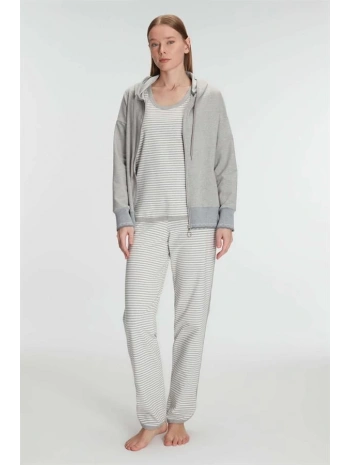 Morliva   Pamuklu Uzun Kol Fermuarlı Swearshirt Sıfır Kol T-Shirt ve Pantolon Pijama Takım
