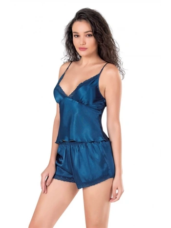 Morliva  Petrol Mavi Saten Babydoll Şort Takımı