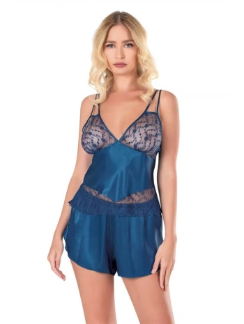 Morliva Petrol Mavisi Saten Babydoll Şort Takımı