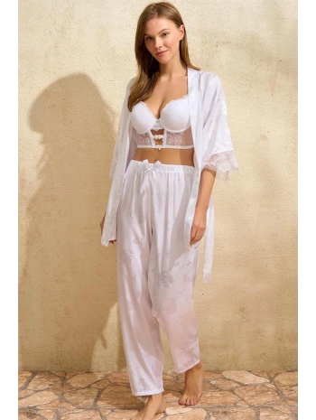 Morliva  Saten Çiçek Desenli Dantelli Sabahlık Balenli Destekli Dolgulu Büstiyer Sütyen ve Pantolon Pijama 3lü Takım