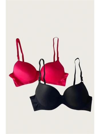 Morliva Siyah-Kırmızı 2li Mikro Kumaş İçi Boş Balenli Günlük Desteksiz Sütyen