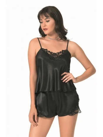 Morliva Siyah Saten Babydoll Şort Takımı