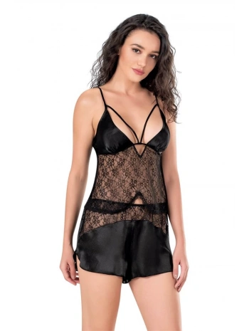 Morliva Siyah Saten Babydoll Şort Takımı