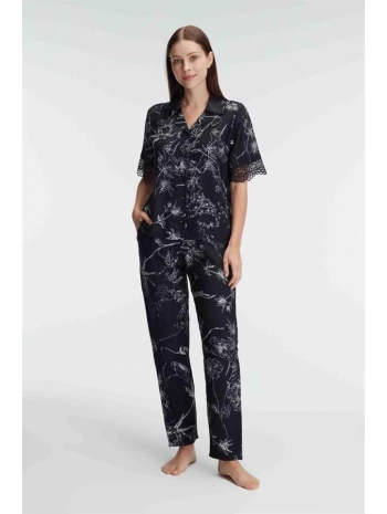 Morliva  Yarım Kollu V Yaka Kadın Viskon Çiçek Desenli Yazlık Dokuma Dantel Detaylı Pijama Takımı