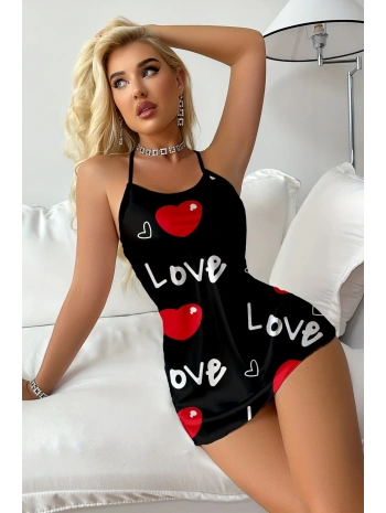 Aşk Temalı Kalp Desenli Siyah Saten Gecelik