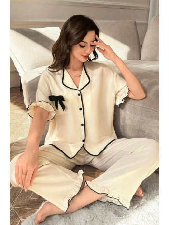 Bej Kısa Kollu Fiyonk Detaylı Düğmeli Pijama Takımı 7317