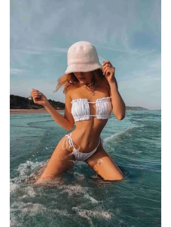Brezilya Model Büzgülü Bağlamalı Bikini Altı Beyaz