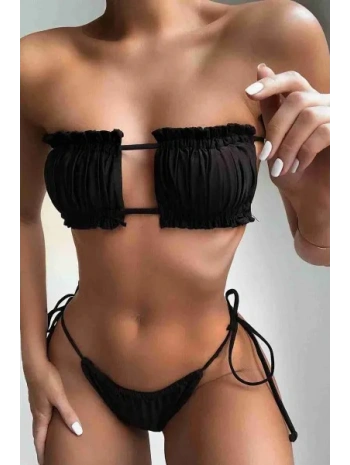 Brezilya Model Büzgülü Bağlamalı Bikini Altı Siyah