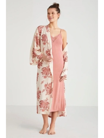 Catherines %100  Viskon Çiçek Desen 2li Sabahlık Gecelik Takımı
