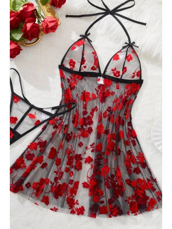 Çiçek Desenli Siyah Transparan Gecelik TM1319