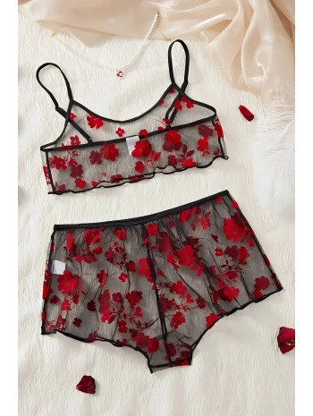 Çiçek Desenli Siyah Transparan Şortlu Gecelik TM1377