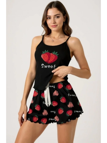 Çilek Baskılı Siyah Askılı Şortlu Pijama Takımı