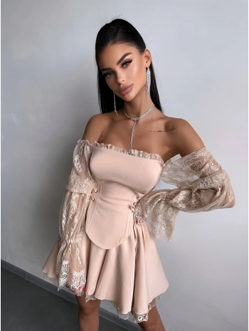 CORSET DANTEL DETAY ELBİSE BEJ