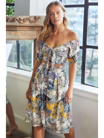 Dokuma Önden Bağlamalı Çiçek Baskılı Omuzu Düşük Büstiyer ve Önden Düğmeli Etek Takım