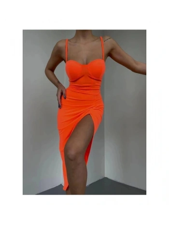 İP ASKILI GLOPLU & YIRTMAÇLI TURUNCU MİDİ ELBİSE