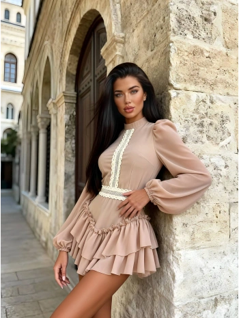 JESSİCA ŞİFON GÜPÜR DETAY ELBİSE BEJ