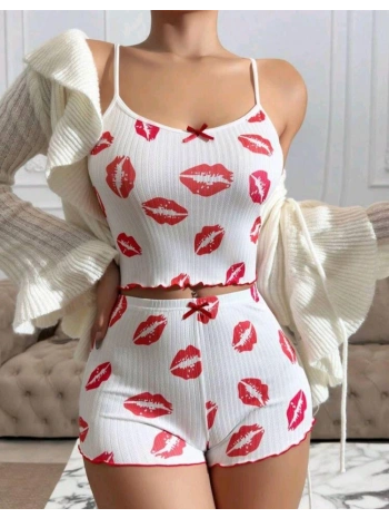 Kadın Beyaz Dudak Desenli Seksi Gecelik Takım 5021