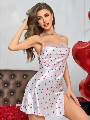 Kadın Beyaz Fuşya Kalp Desenli saten Gecelik 2219