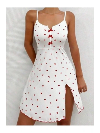 Kadın Beyaz Kırmızı Kalp Desenli Askılı Elbise 5066