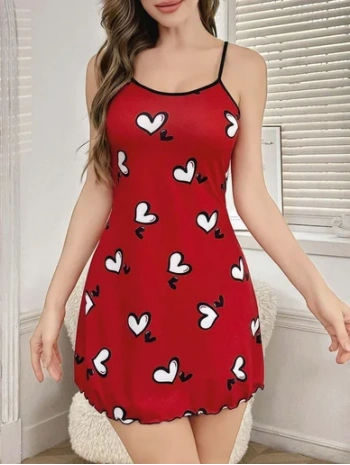 Kadın Kırmızı Beyaz Kalp Desenli Askılı Elbise 5063