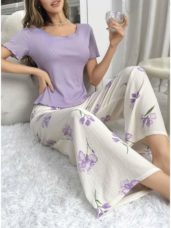 Kadın Mor Çiçek Desenli Yumuşak Pamuklu Uzun Pijama Takımı 5133