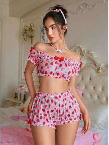 Kadın Pembe Çilek Desenli Fantezi Şort takım 2156