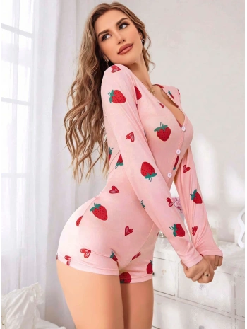 Kadın Pembe Çilek Desenli Pijama Tulumu 5125