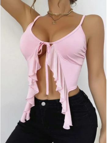 Kadın Pembe Crop Askılı Önden Bağlama Fırfır detaylı 5090