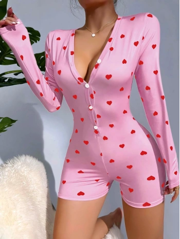 Kadın Pembe Kalp Desenli Pijama Tulumu 5121