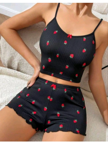Kadın Siyah Çilek Desenli Seksi Gecelik Takım 5020