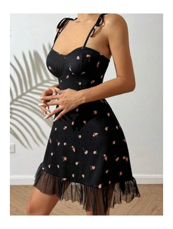 Kadın Siyah Pembe Gül Desenli Askılı Bağlamalı Dantel Detaylı Elbise 5072