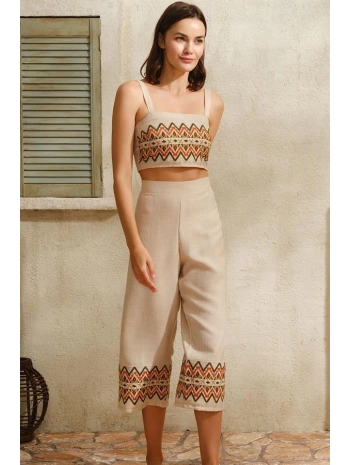 Kalın Askılı Oyuk U Yaka Geometrik Yazlık Uzun Nakış Detaylı Pijama Takımı