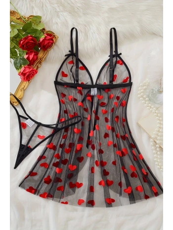 Morliva  Kalp Desenli Siyah Transparan Gecelik TM1378