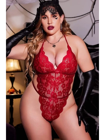 Kırmızı Dantelli Büyük Beden Babydoll Gecelik TM1305