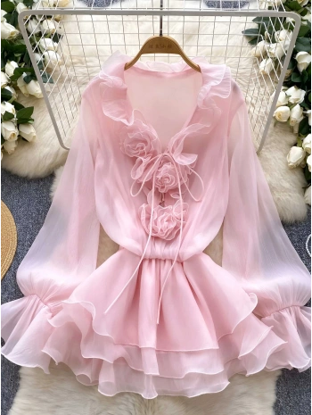 Lia Şifon Gül Detay Elbise Pembe