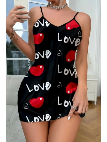 Love Desenli Siyah Saten Gecelik