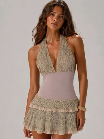 Morliva Anouk Ruffle Mini Elbise Bej
