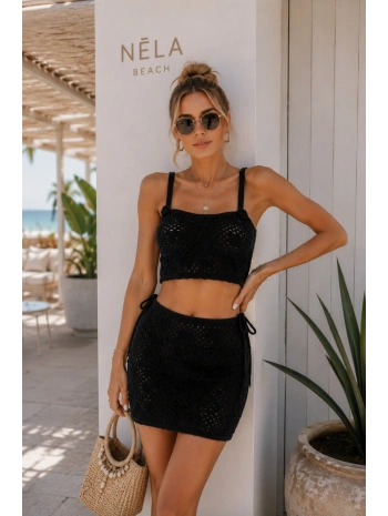Morliva Askılı Örgü Desen Crop Bluz Mini Etek İkili Takım