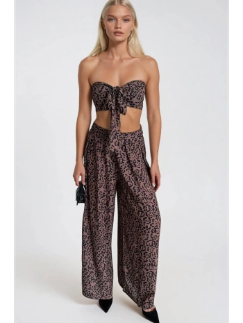 Morliva Desenli Crop Bluz Pantolon İkili Takım