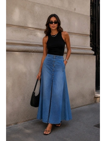 Morliva Dikiş Detay Yırtmaçlı Maxi Denim Etek