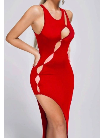 Morliva Kırmızı Dekolteli Yırtmaçlı Elbise