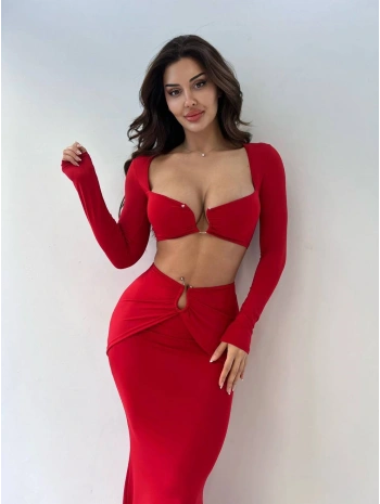 Morliva Kırmızı Micro Kumaş Toka Detaylı İkili Takım