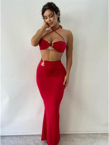 Morliva Kırmızı Toka Detaylı Midi Boy İkili Takım