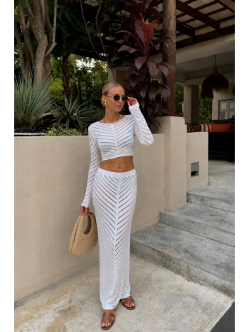 Morliva Örgü Desen Crop Bluz Maxi Etek İkili Triko Takım