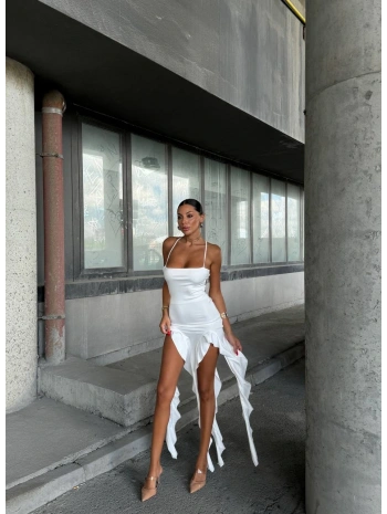 Morliva Sırt dekolte fırfırlı maxi boy elbise