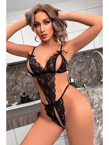 Özel Bölgesi Açık Dantelli Siyah Fantazi Babydoll TM1309
