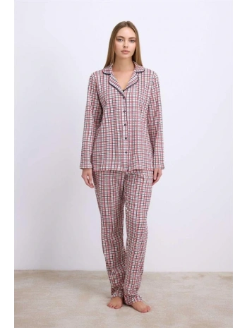 Pamuklu Uzun Kol Düğmeli Gömlek ve Ekose Pantolon Pijama Takımı