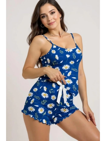 Papatya Desenli Mavi Askılı Şortlu Pijama Takımı