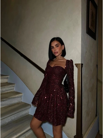 PAYET GLOPLU UZUN KOL ELBİSE BORDO